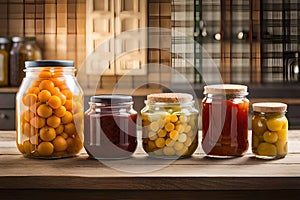 Home mede conserve. Pickled vegetables and preserves in glass jars on a wooden shelf. Preserved food Ai generated