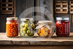 Home mede conserve. Pickled vegetables and preserves in glass jars on a wooden shelf. Preserved food Ai generated