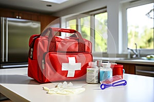 A home medical first aid kit alongside medication and water on a white table