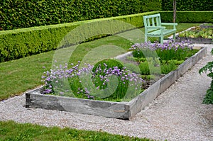 Home medicinal garden with herbs for rheumatic, digestion, rhubarb for cake, for drying tea and aromatic herbs for alcoholic lique