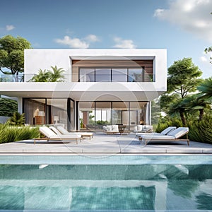 Home minimal style white tone outside the house there is a small swimming pool and a garden around the outdoor. with sun loungers