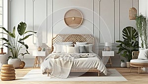 Home mockup bedroom interior background with rattan furnish Ai generative