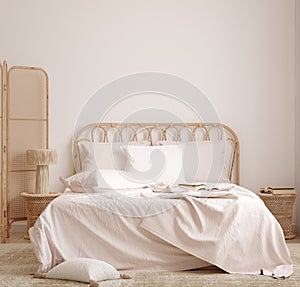 Home mockup, Coastal boho bedroom interior background with rattan furniture in light pastel pink colors