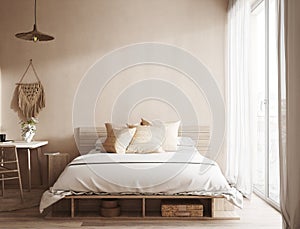 Home mockup, Coastal boho style bedroom interior background