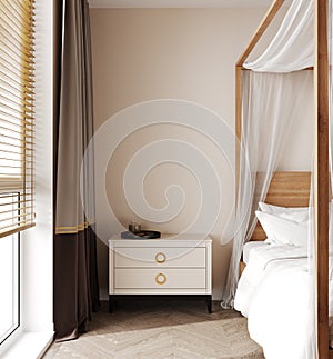 Home mockup, Coastal boho style bedroom interior background, 3d render