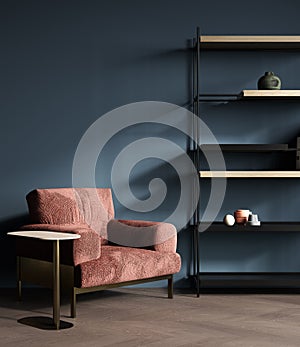 Home mockup, cozy dark blue living room interior with pink chair and decor, 3d render