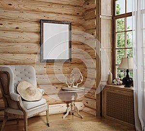 Home mockup, cozy log cabin interior background