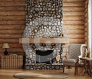 Home mockup, cozy log cabin interior background