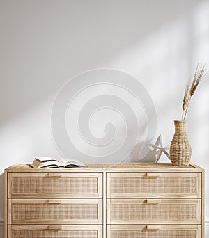 Home mockup, interior background with rattan furniture and blank wall, Coastal style