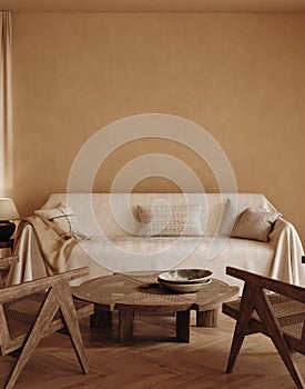 Home mockup, living room in Japandi style