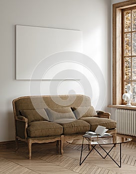 Home mockup, minimalist room interior with retro furniture