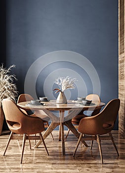 Home mockup, modern dark blue dining room interior with brown leather chairs, wooden table and decor