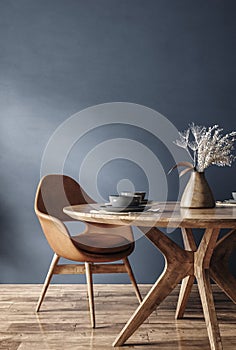 Home mockup, modern dark blue dining room interior with brown leather chairs, wooden table and decor