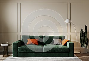 Home mockup, warm color living room with green sofa and decoration, 3d render