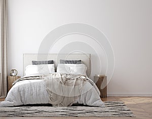 Home mockup, white cozy bedroom interior with double bed and white blank wall