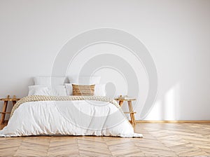 Home mockup, white cozy bedroom interior with double bed and white blank wall