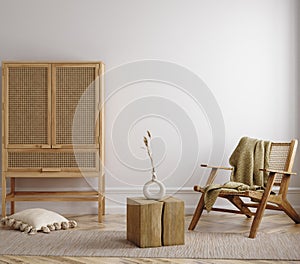 Home mockup, white room with natural wooden furniture, Scandi-Boho style