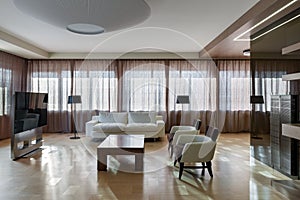 Home modern theater interior with big windows