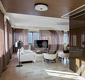 Home modern theater interior with big windows