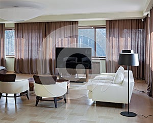 Home modern theater interior with big windows