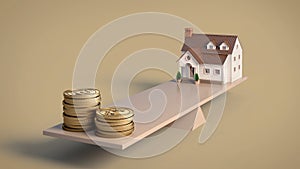 Home and money coins stack on scale.Concept for real estate property investment and house mortgage financial.