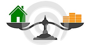 Home and money coins stack on scale icon. Property investment and house mortgage financial real estate concept - vector