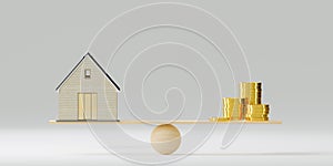 Home and money coins stack on wood scale. Property investment and house mortgage financial real estate concept. Real Estate Money