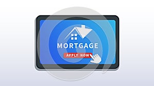 Home mortgage online service, mobile app. Buy real estate, mortgage loan application. Flat smartphone or tablet with house logo