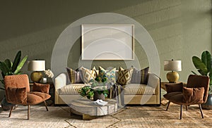 Home multicolor interior mock-up with green wall and yellow sofa, wooden table and decor in living room. Retro vintage