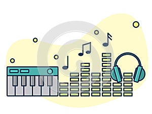 Home music and sound studio concept, proffessional work label. Line art, flat style vector, icon