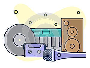 Home music and sound studio concept, proffessional work label. Line art, flat style vector, icon