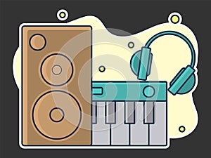 Home music and sound studio concept, proffessional work label. Line art, flat style vector, icon