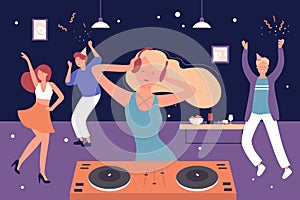 Home musical party,cartoon friends people listen to DJ music and dancing, have fun and happy dance