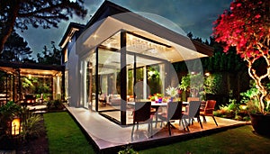 Home at night. Luxurious modern house exterior with dining space and garden