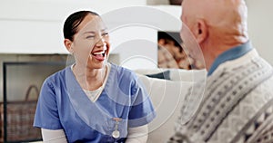 Home, nurse and old man with conversation, funny and results with appointment, smile and feedback. Caregiver, elderly