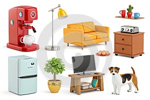 Home objects and pets 3D vector cartoon icons