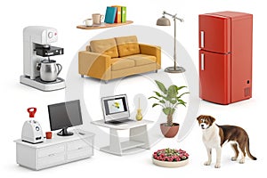 Home objects and pets 3D vector cartoon icons
