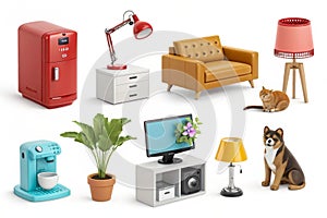 Home objects and pets 3D vector icons set