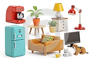 Home objects and pets 3D vector icons set
