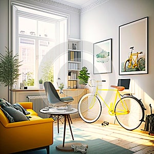 A home office with a bicycle a wide white wall with, generative AI