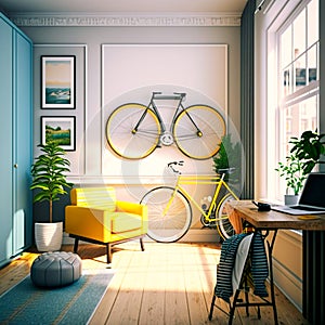 A home office with a bicycle a wide white wall with, generative AI