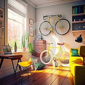 A home office with a bicycle a wide white wall with, generative AI