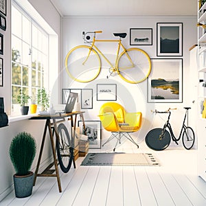 A home office with a bicycle a wide white wall with, generative AI