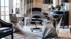 The home office boasts a sleek and modern desk made of polished metal with geometric accents. The reflective surface of