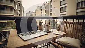 Home office concept. Designated work from home area at the balcony. Modern laptop, notebook and a cup of coffee. AI Generative