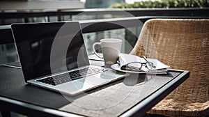 Home office concept. Designated work from home area at the balcony. Modern laptop, notebook and a cup of coffee on table, stylish