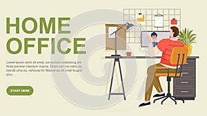 Home office concept. Freelancer man working on computer at his house. Online study, education