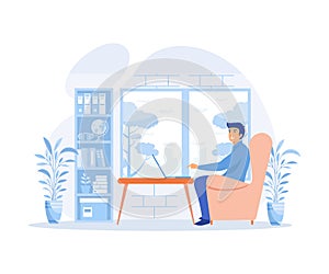 Home office concept, A freelancer man works behind a laptop, work from home