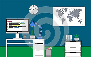 Home office concept. Java programming code on the monitor. Cactus on the desk. Vector illustration