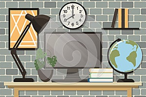 Home office concept, workspace. Computer monitor, table lamp, globe, indoor plants, books and wall posters. Background